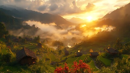 Wall Mural - Golden sunset over misty mountain valley with terraced rice fields and traditional houses.