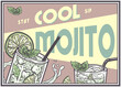 © Casoalfonso - Two glasses of mojito cocktail with mint, lime, ice and straw, splashing and refreshing, with a vintage style illustration and the words stay cool sip mojito