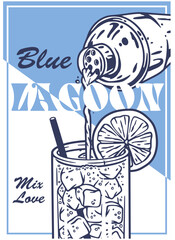 Wall Mural - Refreshing blue lagoon cocktail being crafted with ice, a vibrant lemon slice, and a splash of blue curacao, creating the perfect drink for a sunny summer day