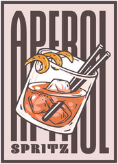 Wall Mural - Refreshing aperol spritz cocktail featuring ice cubes and an orange peel garnish, complemented by colorful straws, set against a backdrop of bold, stylized typography for a vibrant summer vibe