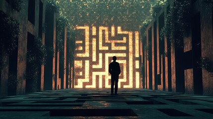 Courageous man facing vast intricate maze under starlit night sky image