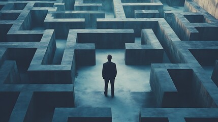 Determined man standing before mysterious maze under glowing sunset sky image