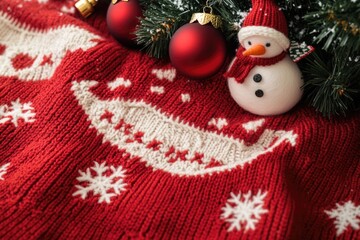 Canvas Print - A cozy knitted sweater adorned with a snowman ornament, perfect for winter holidays or cold weather scenes