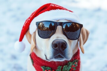 Poster - A playful dog wearing a festive Santa hat and trendy sunglasses