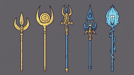 Magic staff icon. Devil trident and spear cartoon fantasy ui set. Gold mythology pitchfork for demon illustration. Magician blue neptune weapon with arrow isolated. Warlock lance for game interface