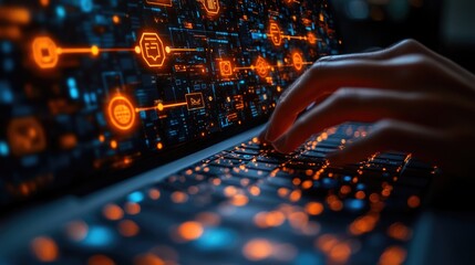A person working on their laptop with glowing symbols displayed on the screen, great for tech or futuristic themes