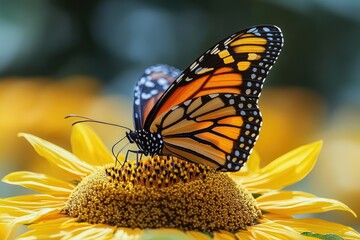 Wall Mural - A colorful butterfly perched on the petals of a bright yellow flower