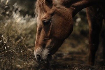 Wall Mural - A brown horse stands tall on a lush green grassy field, ready to graze or run