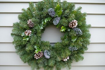 Wall Mural - A traditional winter decoration, this image features a wreath made of pine cones and holly leaves