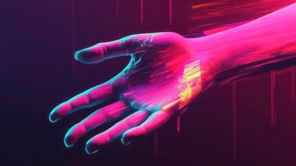 female beauty hand reaches out in neon glow futuristic feel
