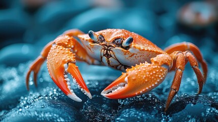 Wall Mural - Crab sitting on a rocky surface with an orange shell, great for outdoor or nature themes