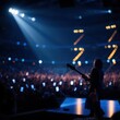 © Pixel Diversity - concert stage, spotlights, large crowd, silhouette performer, dark atmosphere, blue lighting, distant glowing numbers, energetic audience, night event, music festival, dramatic lighting, stadium conce