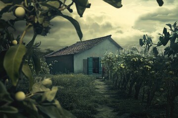 Poster - A small white house surrounded by trees and a green field, great for rural or country-themed projects