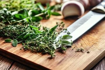 A cutting board with a knife and fresh herbs, perfect for food preparation