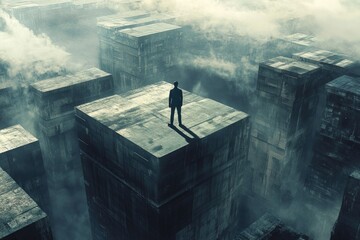 Wall Mural - A person standing on a rooftop in the midst of a bustling city