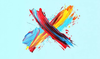 Wall Mural - Abstract colorful paint strokes forming an 'X' on a light blue background. Dynamic splash art with vibrant red, yellow, and turquoise accents.