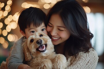 Wall Mural - Joyful moments shared among mother, child, and dog during a cozy holiday setting at home