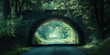 © Ірина Пальцева - A tranquil roadway meanders beneath a historic stone railroad bridge, enveloped by vibrant green forest foliage and bathed in gentle natural light, creating a peaceful scene.