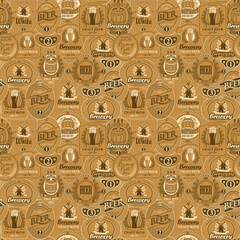 Wall Mural - vector seamless pattern on the theme of beer with various beer labels with images of barrels, beer g