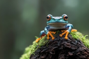 Poster - Colorful frog perched on a moss-covered log in a lush forest habitat during the day