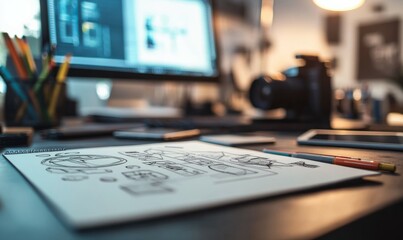 Wall Mural - a hand-drawn storyboard lying on a desk with markers, tablets, and a professional camera in the back