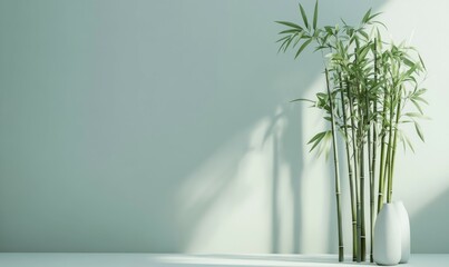 Bamboo stalk arrangement in a minimalist setting, textures of smooth surfaces and leaves highlighted.