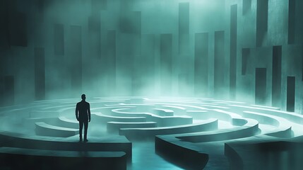 Thoughtful man gazing at endless maze with deep concentration image