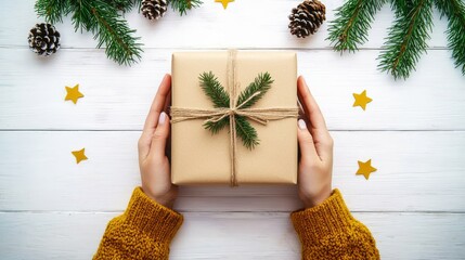 Sticker - A hand holding a gift wrapped in Christmas paper, displayed on a white wooden table with holiday decorations.