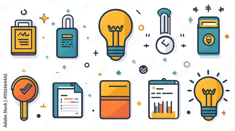 Business icons like briefcases lightbulbs on a transparent background ...