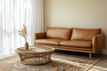 Minimalist, modern Scandinavian interior design of residential living room with brown leather sofa and table. Generative AI
