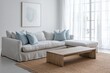 © TrendySpaces - Minimalist, a modern Scandinavian interior design of a residential living room with white-finished walls and views of windows and sofas, and sky blue cushions. Generative AI