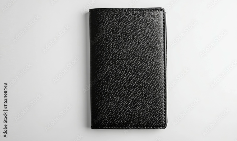 An isolated black leather passport case is shown on a white background, top view