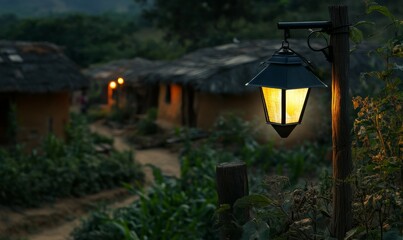 Wall Mural - Detail of a solar-powered lamp lighting a rural village, showcasing sustainable development.