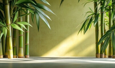 Bamboo stalk arrangement in a minimalist setting, textures of smooth surfaces and leaves highlighted.
