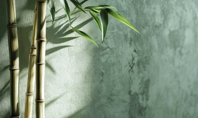 Bamboo stalk arrangement in a minimalist setting, textures of smooth surfaces and leaves highlighted.