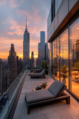 Wall Mural - Stunning sunset view from modern city penthouse balcony overlooking skyscrapers