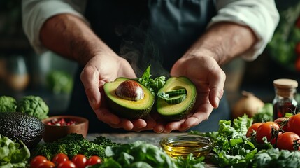 Wall Mural - Chef's hands showcasing a halved, steaming avocado with other fresh produce.