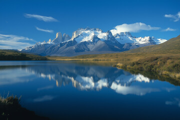  Majestic reflections of snow-capped peaks in pristine lake during a clear day in Patagonia. Generative AI