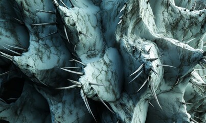 Close-up of a cactus spine cluster, textures of the plant's surface and sharp contrast with shadowed areas.