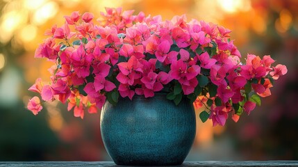 Canvas Print - Vibrant pink bougainvillea flowers in a teal pot, warm sunset background.