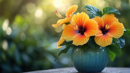 Canvas Print - Vibrant orange hibiscus flowers in a teal vase, set against a blurred green background.