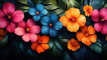 Canvas Print - Vibrant hibiscus flowers and lush tropical leaves.