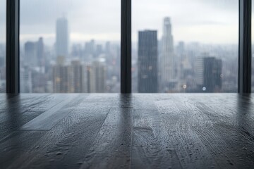 Wall Mural - Dark wood floor with city view.