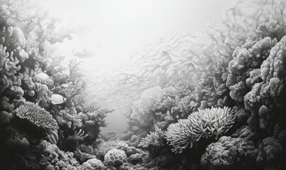 Wall Mural - Enchanting underwater scene, pencil art of coral reefs teeming with life, flowing seaweed, and schools of fish, detailed textures of aquatic elements,