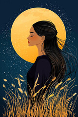 Young woman enjoying night scenery with full moon and wheat field