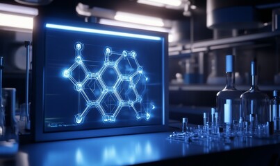 Intricate chemical structure displayed on a glowing holographic screen in a futuristic lab.