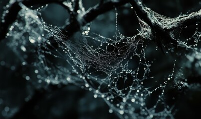 Intricate detail of a spiderweb covered in dewdrops, every thread visible.