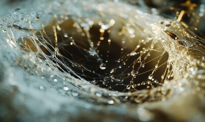 Intricate detail of a spiderweb covered in dewdrops, every thread visible.