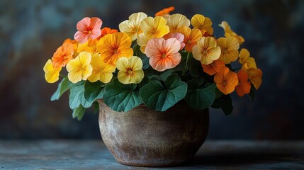 Canvas Print - Vibrant orange and yellow flowers in a rustic terracotta pot.