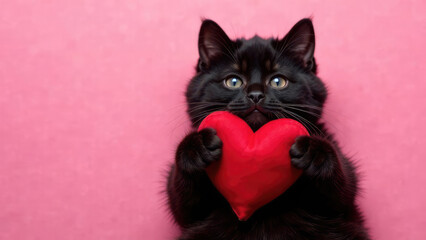 Wall Mural - a cute black kitten holds a red heart against a pink background. concept of valentine's day pet.